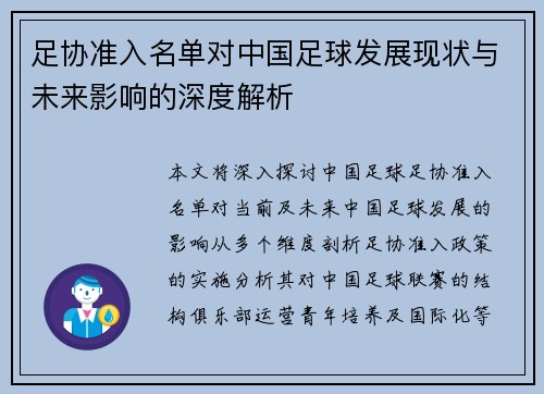 足协准入名单对中国足球发展现状与未来影响的深度解析